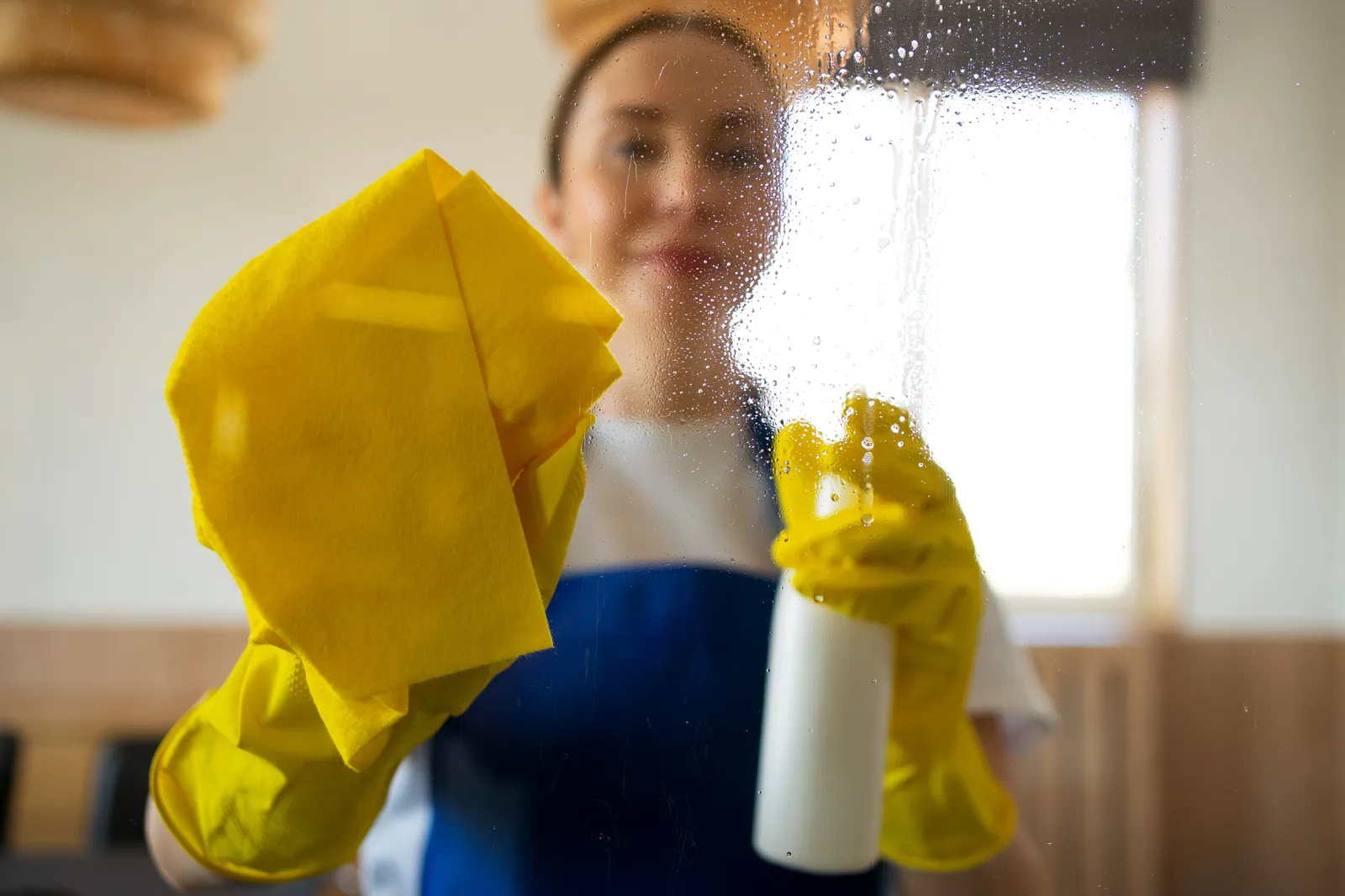 ac-unit-cleaning-heber-city-utah Female cleaner wiping wall-mounted air conditioning unit during home cleaning visit