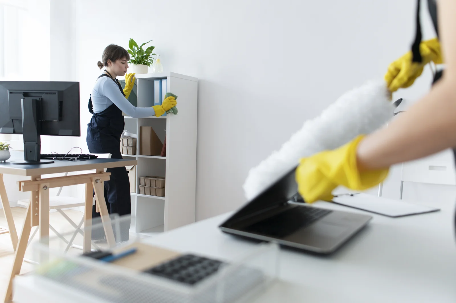 Two-person commercial cleaning team working together in an office in Heber City