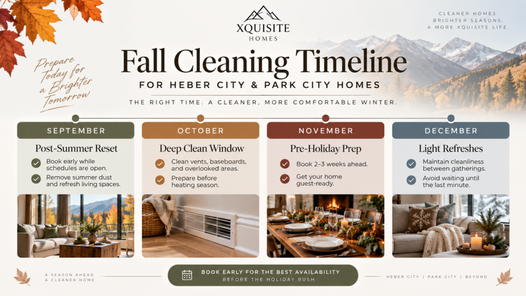 Fall cleaning timeline infographic for Heber City and Park City homes showing the best months to schedule a September reset, October deep clean, November pre-holiday cleaning, and December maintenance.