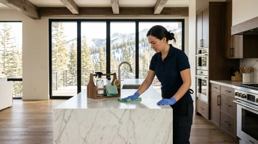 Professional house cleaner in a luxury Park City home.