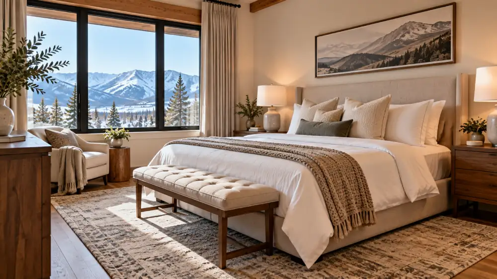Luxury guest bedroom in a Heber City mountain home with fresh white linens, neutral décor, and snowy mountain views after holiday cleaning.
