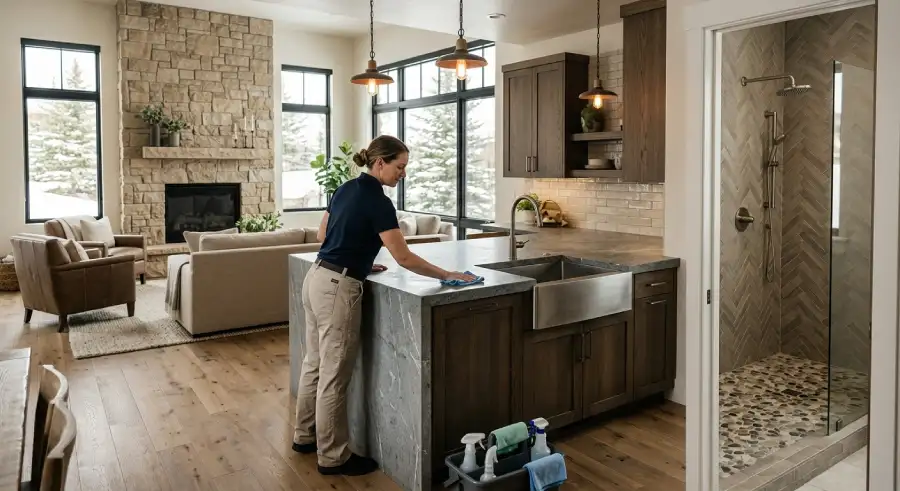 Luxury home with natural stone and hardwood finishes requiring careful cleaning.