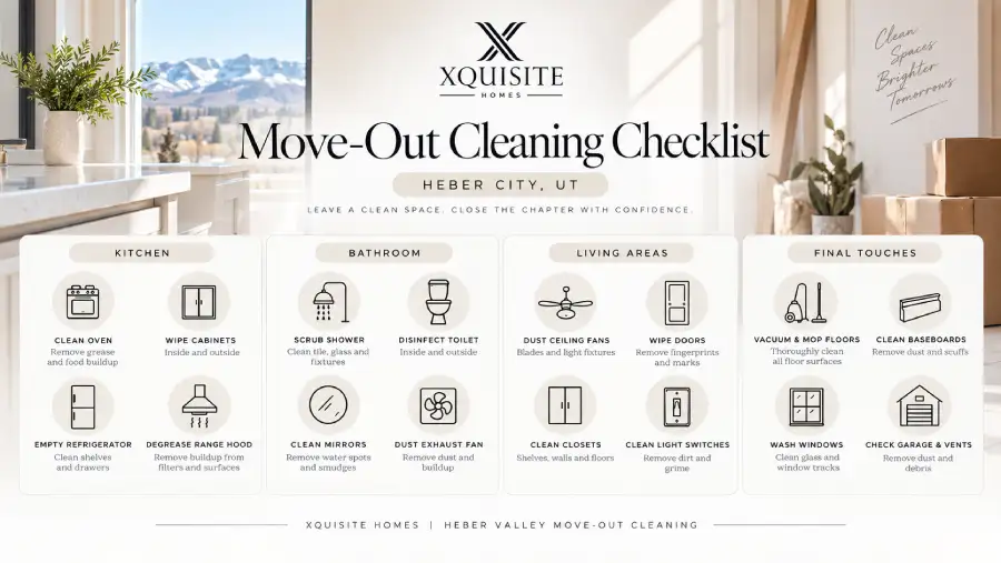 Move-out cleaning checklist infographic for renters in Heber City, Utah.