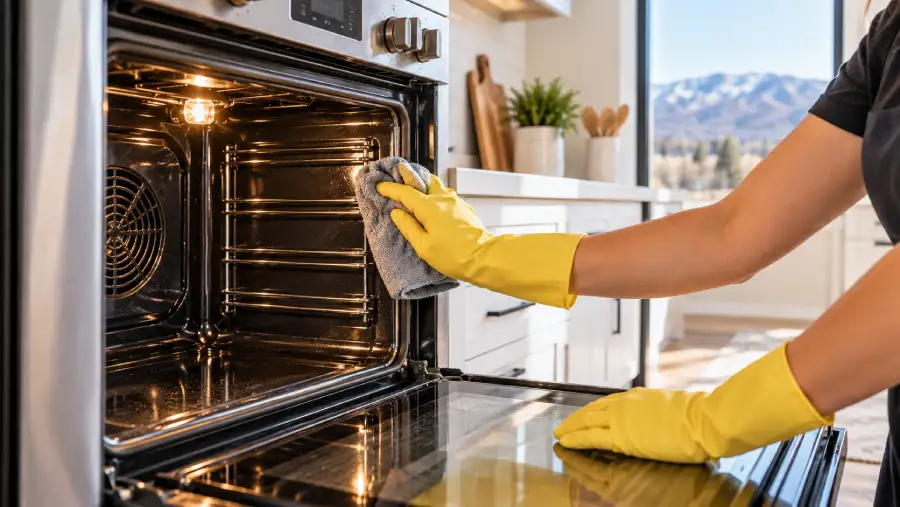 Cleaning the inside of an oven during a move-out cleaning in Heber City, Utah.