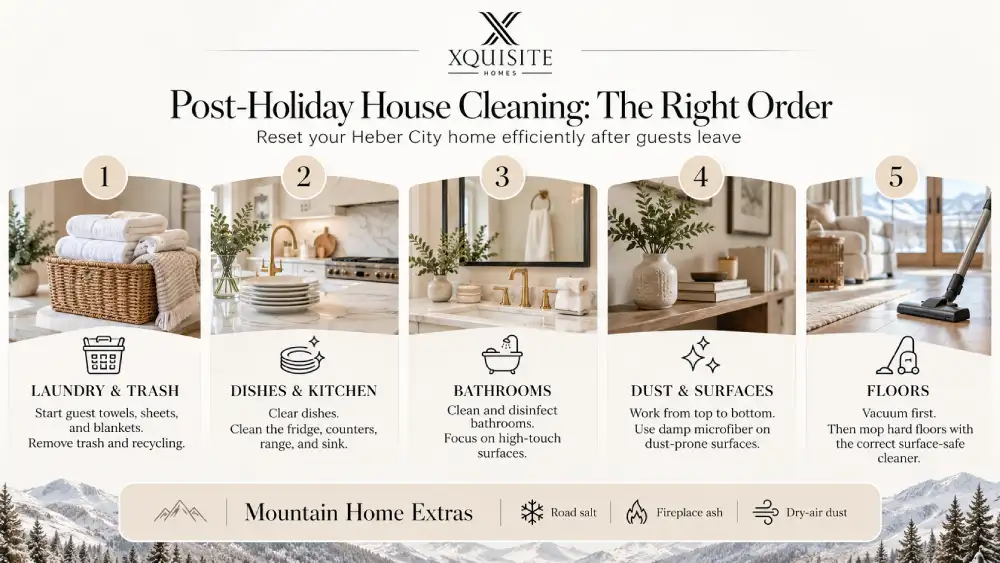 Post-holiday house cleaning checklist showing the five steps for resetting a Heber City home: laundry and trash, dishes and kitchen, bathrooms, dust and surfaces, and floors, with mountain home cleaning extras.