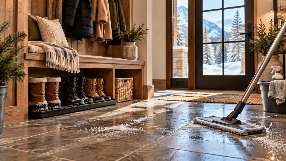 Luxury Heber City mountain home mudroom with winter boots, road salt and de-icer residue on the floor, and a microfiber mop during post-holiday cleaning.