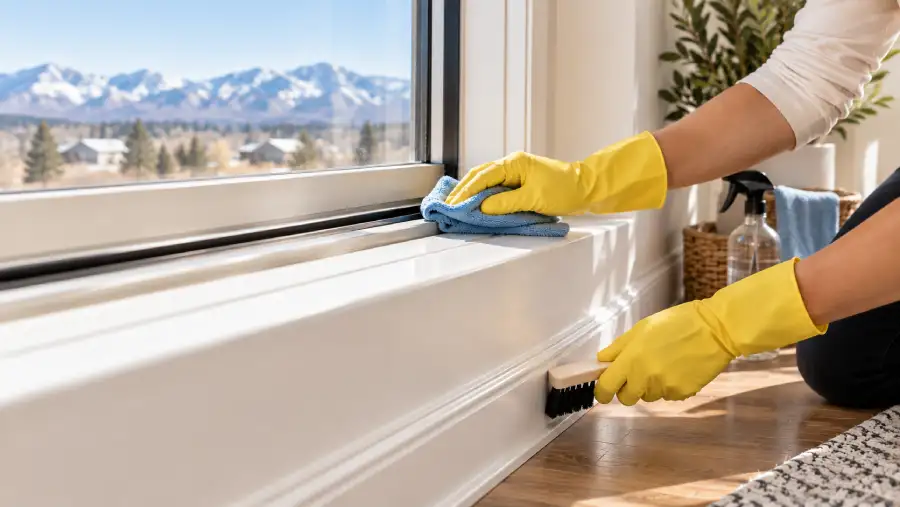 Cleaning window tracks and baseboards during a move-out cleaning in Heber City.