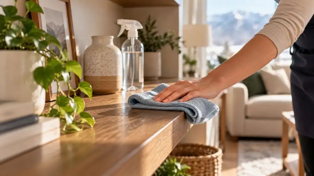 A slightly damp microfiber cloth folded into quarters for dusting household surfaces