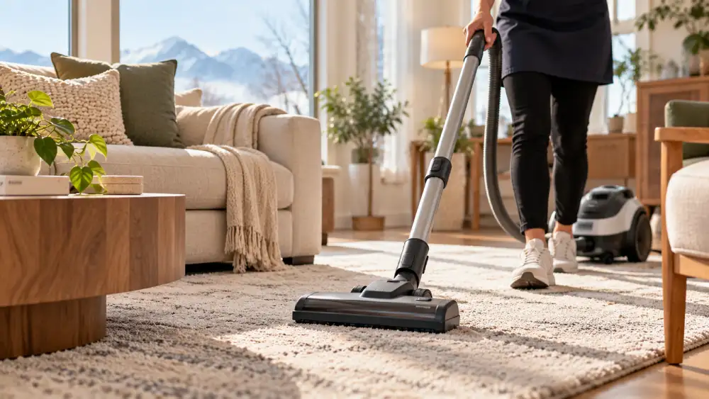 Careful vacuuming of a living room carpet with a HEPA-style vacuum during winter cleaning