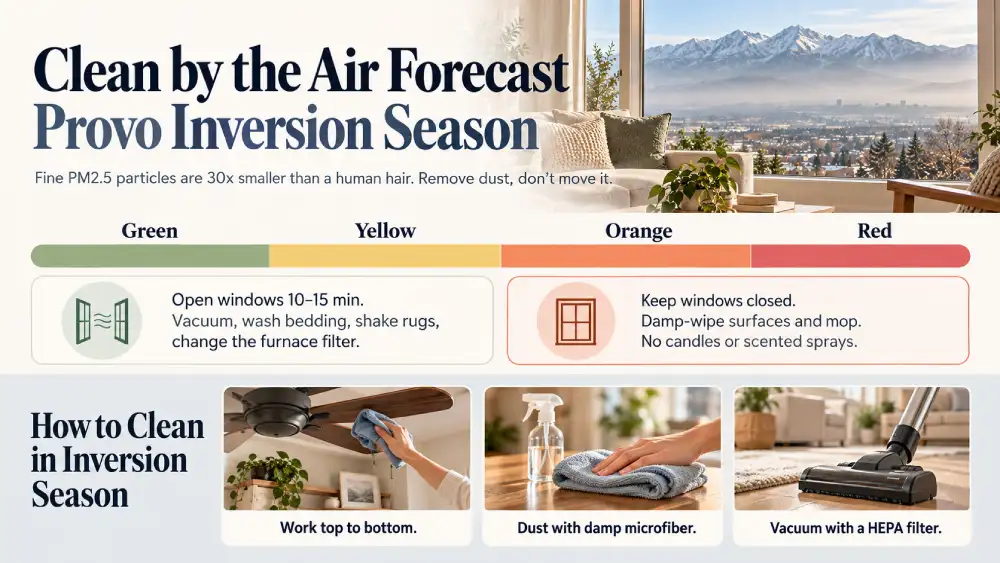 Infographic showing cleaning tasks for green and yellow versus orange and red air quality days during inversion season in Provo, Utah.