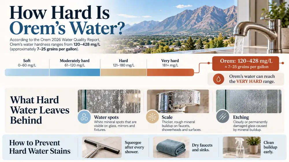 Chart comparing Orem water hardness of 120 to 428 mg/L with USGS hardness classes