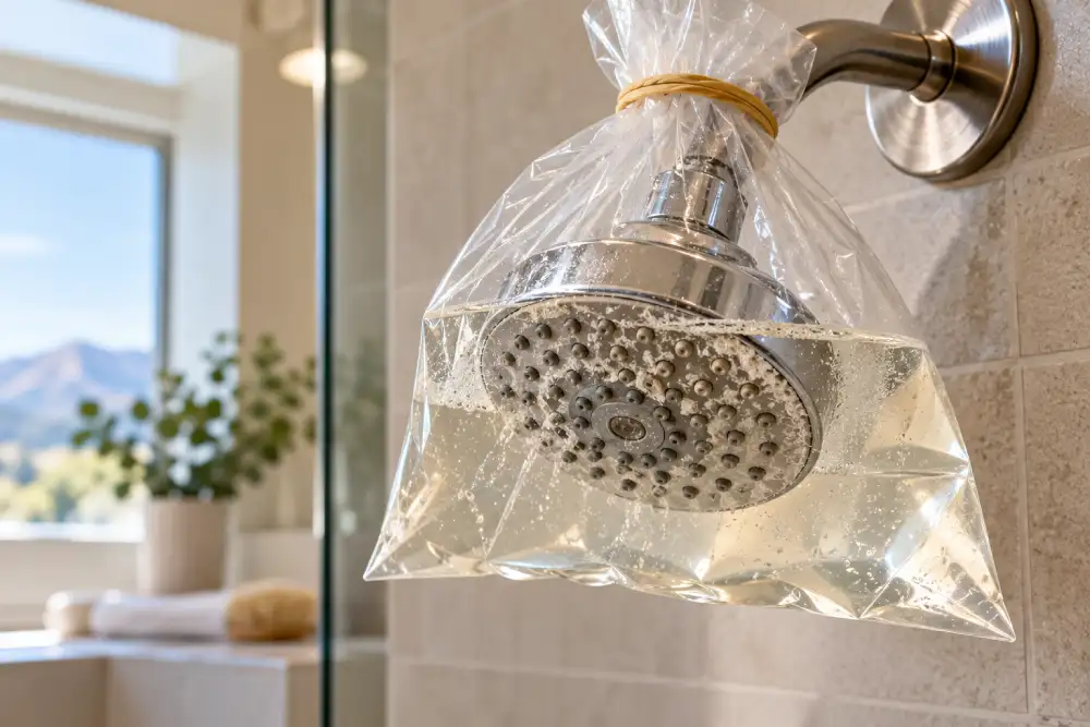 Vinegar bag treatment for hard water buildup on a showerhead